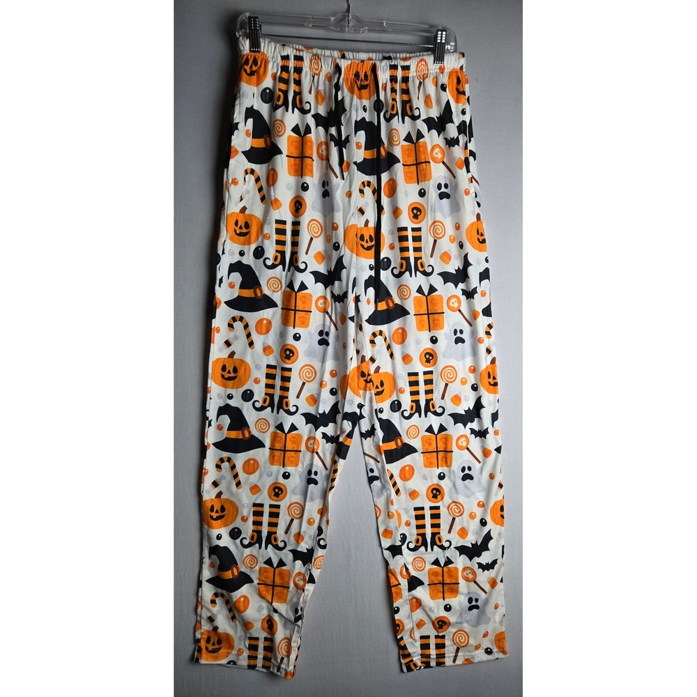 Halloween Pajama Pants Unisex M All Over Print Pumpkin Ghost Witch Hat Black